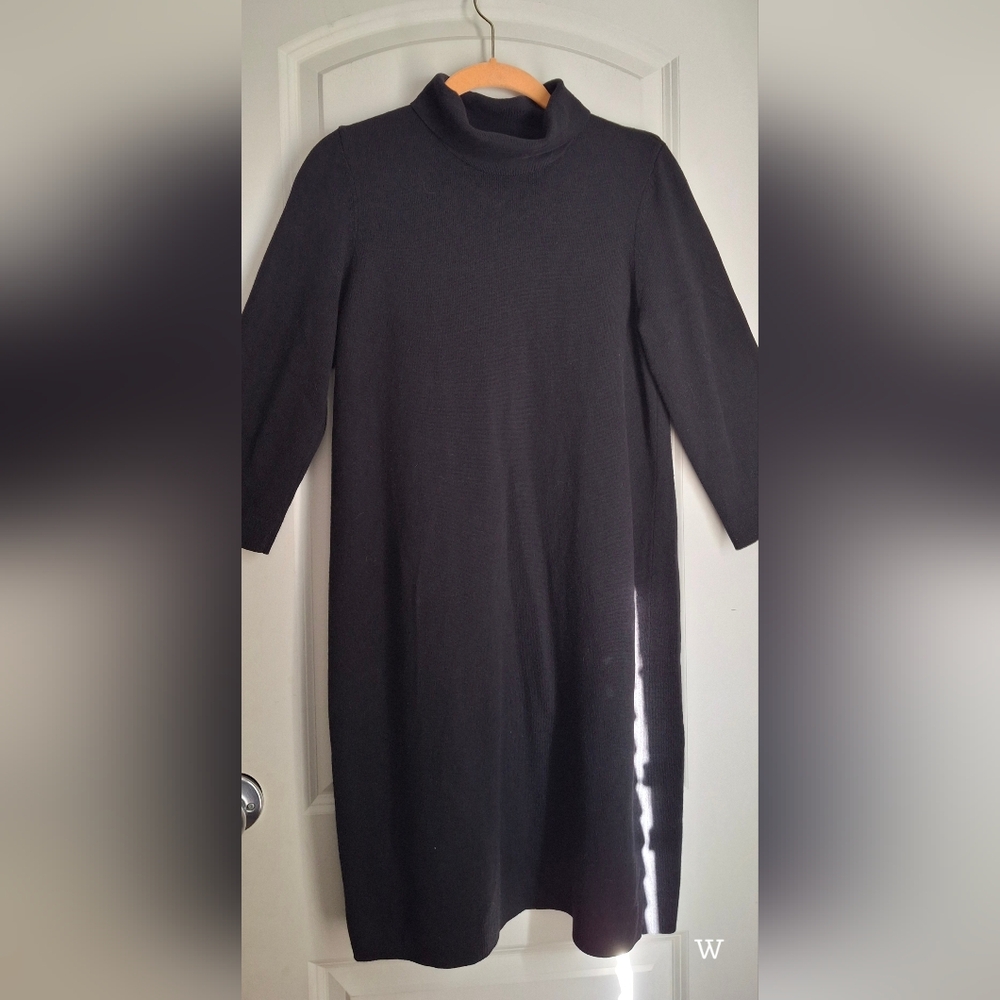 J Jill Sweater Dress Womens XS Black Midi 3/4‎ Sleeve Cotton Blend Turtleneck
